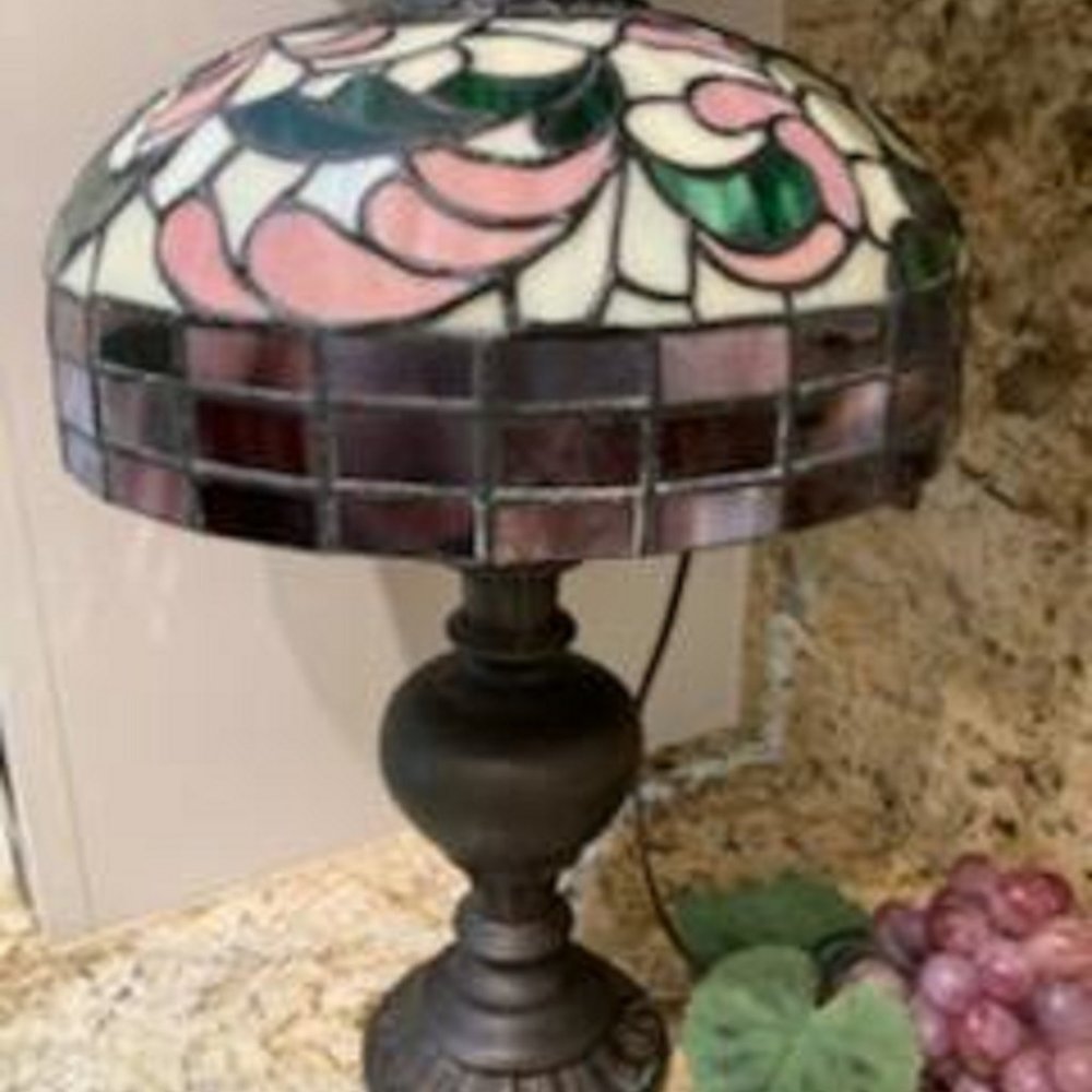 STAINED GLASS lamp. Pink Purple Orange Green Cream HANDMADE Brass Grape AGED